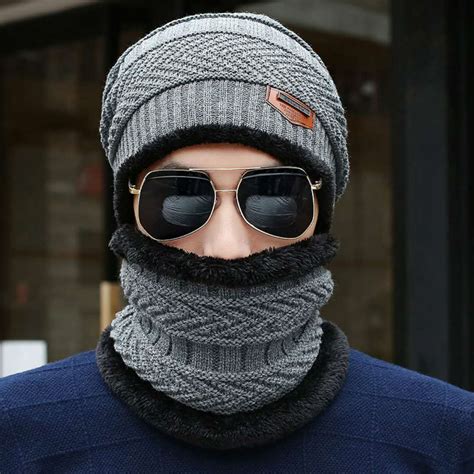 Winter Beanie Hat Scarf Set Slouch Warm Knit Hat Neck Warmer For Men