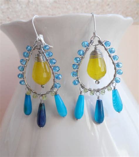 Sunny Skies Gemstone Chandelier Earrings Blue Yellow Dangle Etsy