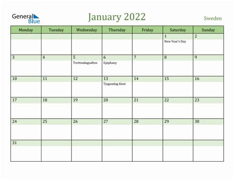 January 2022 Sweden Monthly Calendar With Holidays