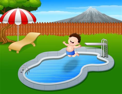 Niño De Dibujos Animados Saltando En La Piscina Vector Premium