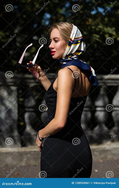 Closeup Shot Of Stylish Model With Red Lips Wearing Shawl And Bl Stock Image Image Of