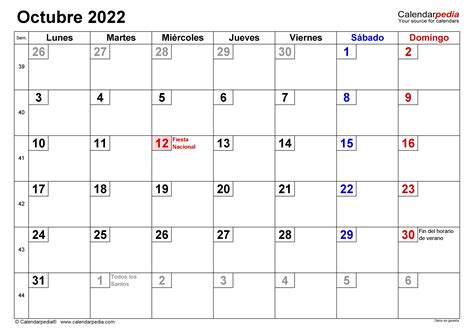 Calendario Octubre 2022 En Word Excel Y Pdf Calendarpedia
