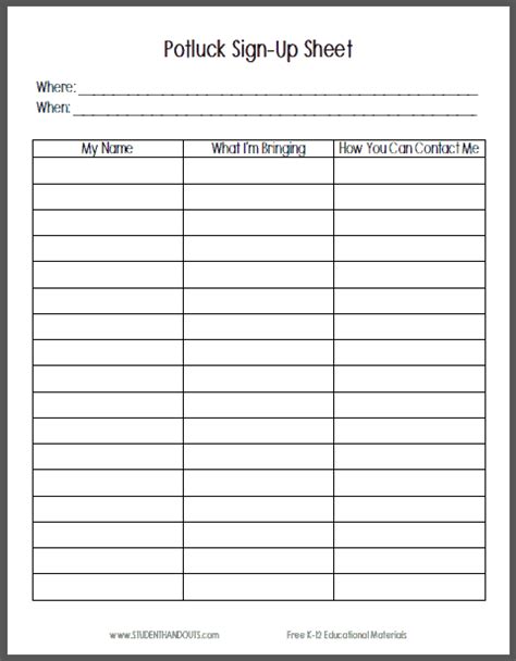 Potluck Sign Up Sheets Word Excel Fomats