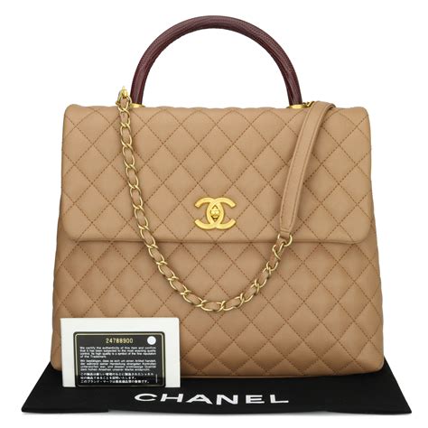 Chanel Coco Handle Large Beige Caviar In Lizard Handle Brushed Gold