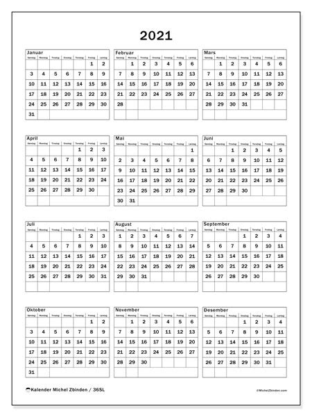 Arskalender för utskrift / utskrift av kalendern via pdf : Årskalender 2021 - 36SL - Michel Zbinden NO