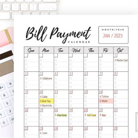 Printable Bill Payment Calendar Monthly Bills Calendar Bill Etsy