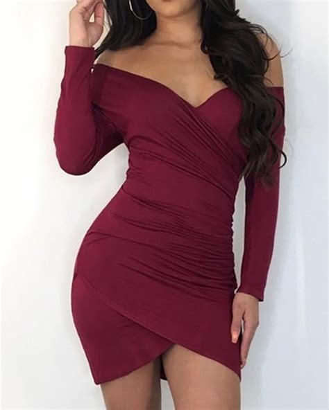 Off Shoulder Scrunched Overlap Bodycon Dress Bodycon Dress Satin