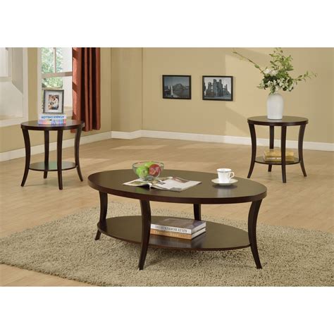 An elegant three piece espresso coffee table set with tapered legs is a beautiful accent to a living room. Roundhill Perth 3-Piece Espresso Oval Coffee Table with ...