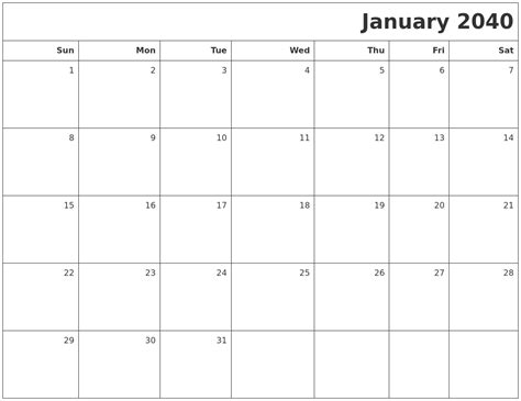 January 2040 Printable Blank Calendar
