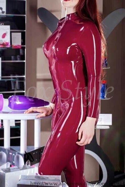 women s latex rubber catsuits fashion with back zip in dark red with lubes outside