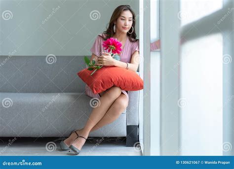 Asian Beautiful Woman Relaxing In The Living Room Stock Image Image