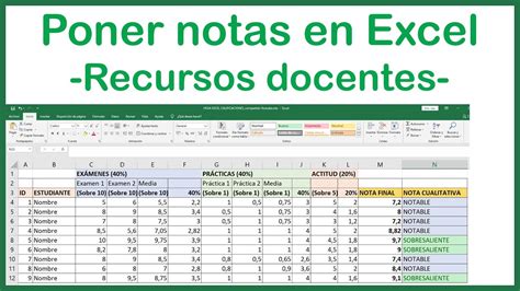 Poner notas calificaciones con Excel para docentes fórmulas y preparar archivo YouTube