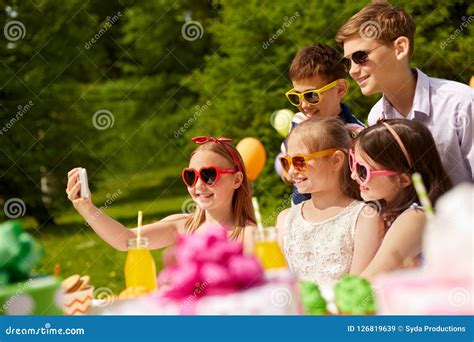 Happy Kids Taking Selfie On Birthday Party Stock Image Image Of