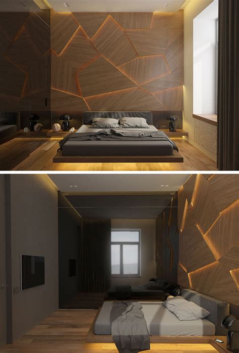 Wooden bed with thick gadi work and wooden back rest side unit. This Bedroom Has A Geometric Back Lit Wood Accent Wall
