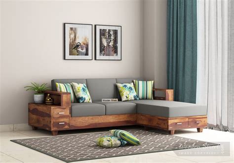 Buy Solace L Shaped Wooden Sofa Teak Finish Online In India In 2020