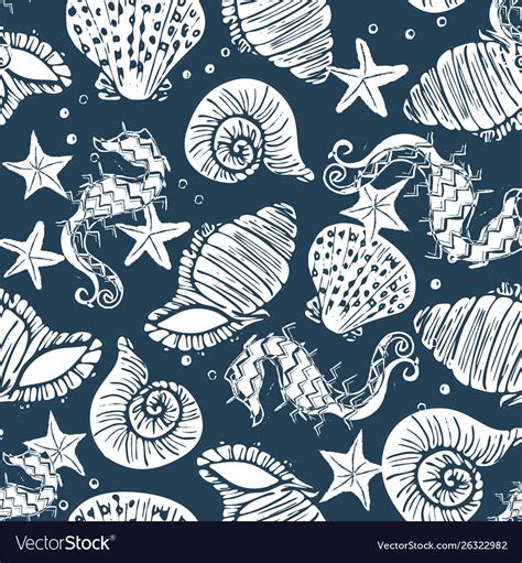 White And Navy Seashell Seamless Pattern Print Vector Image