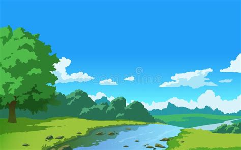 Vector Landscape With Hills And River Sky And Clouds Stock Vector