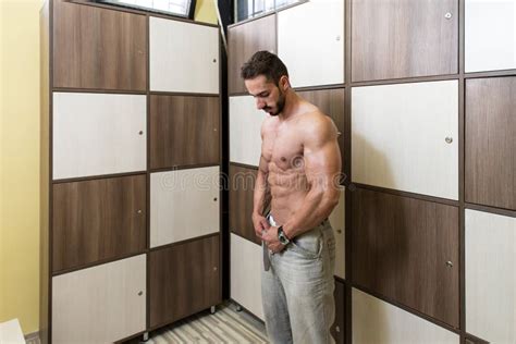 Bodybuilder Changing Clothing In Gym Locker Room Stock Image Image Of