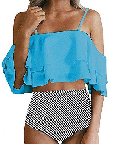 Womens Two Piece Off Shoulder Ruffled Flounce Swimsuits H