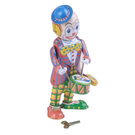 Vintage Style Wind Up Clowork Tin Toy Clown Drummer Kids Children Favor