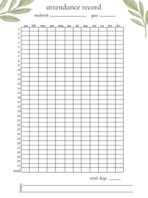 The Attendance Record Is Shown In This Printable Sheet For Students To