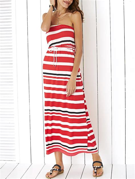6 Off Maxi Strapless Stripe Drawstring Casual Dress Rosegal