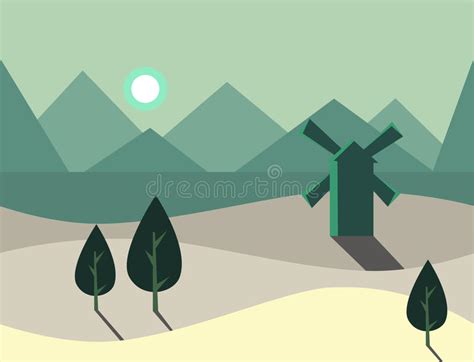 Seamless Cartoon Nature Landscape With Windmill Vector Illustration