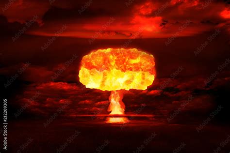 Atomic Bomb Realistic Explosion Red Color With Smoke On Black