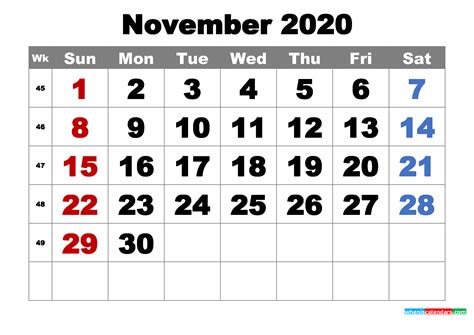 Free Printable November 2020 Calendar Word Pdf Image