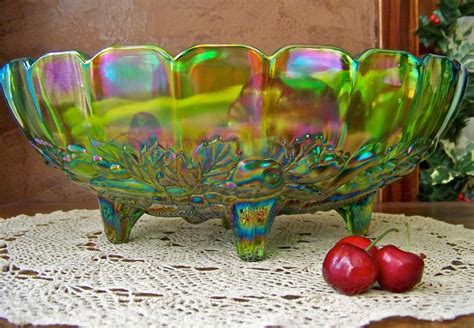 Image Detail For Green Carnival Glass Footed Fruit Bowl By Cynthiasattic On Etsy Carnival