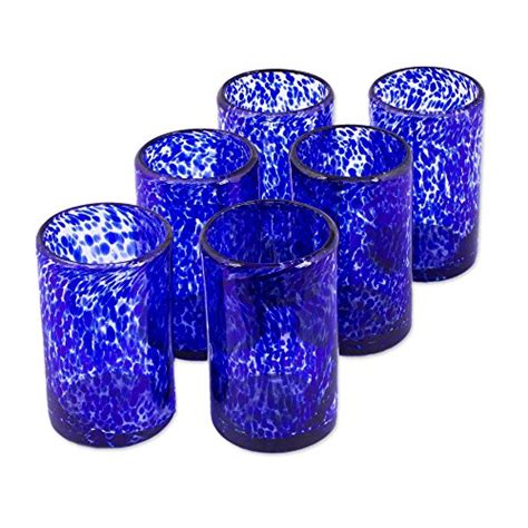 Novica Artisan Crafted Clear Blue Hand Blown Recycled Glass Tumbler Glasses 14 0z ‘marine’ Set