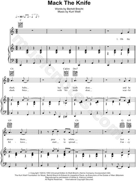 Bobby Darin Mack The Knife Sheet Music In C Major Transposable Download And Print Sku