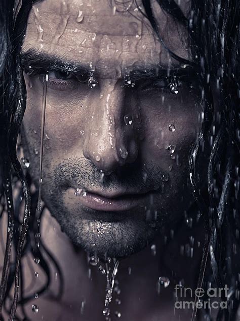 Dramatic Portrait Of Man Wet Face With Long Hair Photograph Face