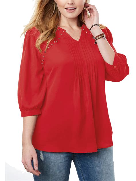 Woman Within Woman Within Vivid Red Studded Pintuck Blouse Plus