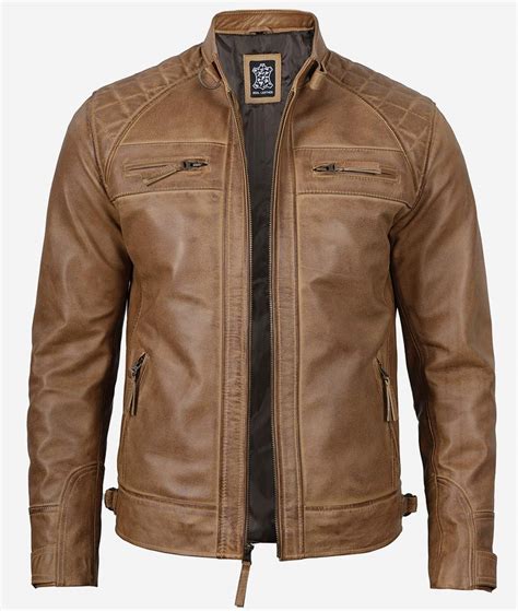 Shop Mens Quilted Camel Brown Leather Biker Jacket