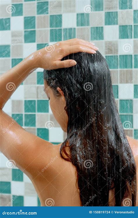 Wet Hair Portrait Of Young Woman Washing Her Head In The Shower By