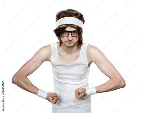 funny retro nerd flexing his muscle isolated on white background ภาพถ่ายสต็อก adobe stock