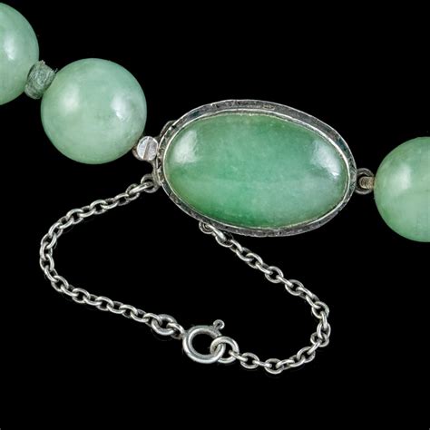 Antique Victorian Jadeite Jade Bead Necklace Silver Clasp Circa 1900 Cert 725008
