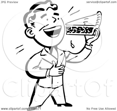 Clipart Of A Black And White Retro Man Eating A Slice Of