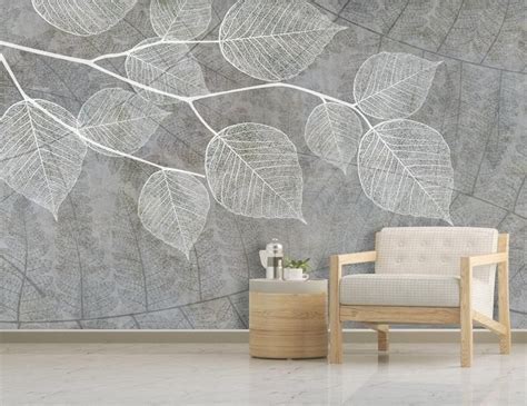 3d Leaf Texture Wallpaper Grey Wall Mural Details Wall Etsy Wall