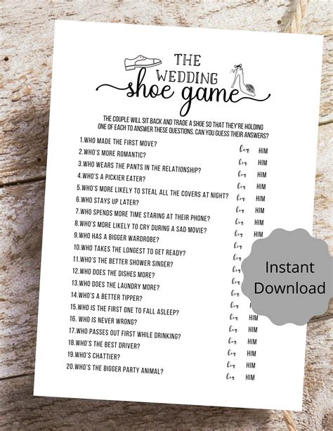 The Wedding Shoe Game Bridal Shower Game Printable PDF Bride - Etsy