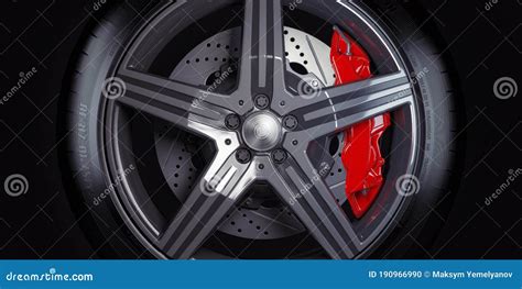 Car Wheel With Red Breaks On Black Background Stock Illustration