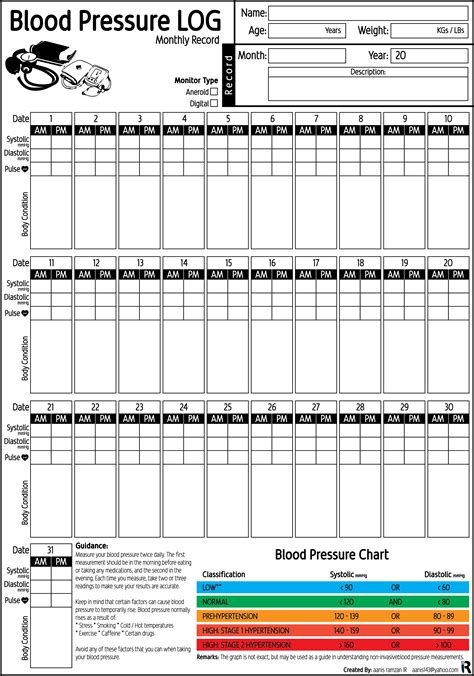 Monthly Blood Pressure Chart Printable