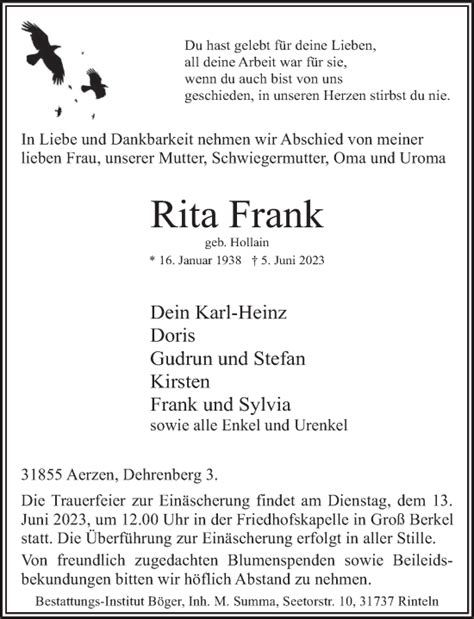 Traueranzeigen Von Rita Frank Trauerportal Ihrer Tageszeitung