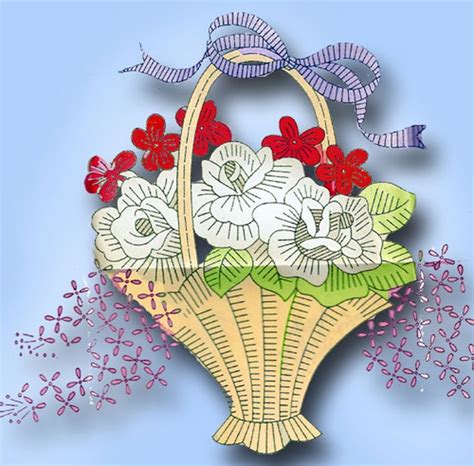 S Vintage Superior Embroidery Transfer Uncut Flower Basket