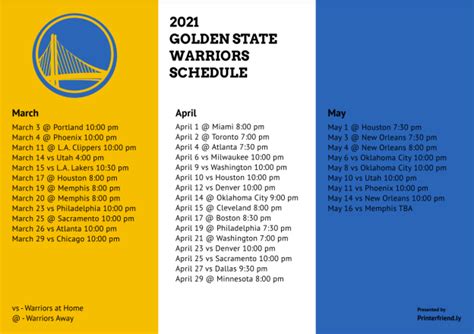 Printable 2020 21 Golden State Warriors Schedule And Tv Schedule