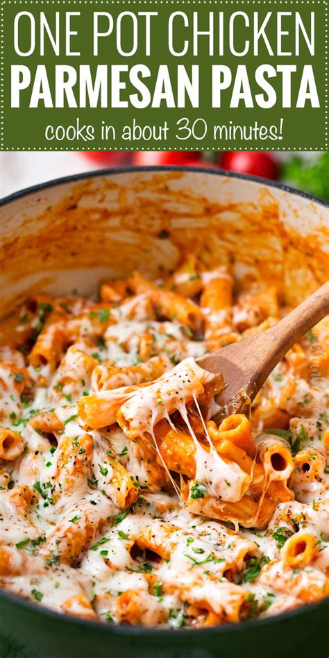 Classic chicken parmesan recipe with parmesan crusted tender chicken, topped with marinara and cheese. One Pot Chicken Parmesan Pasta - The Chunky Chef