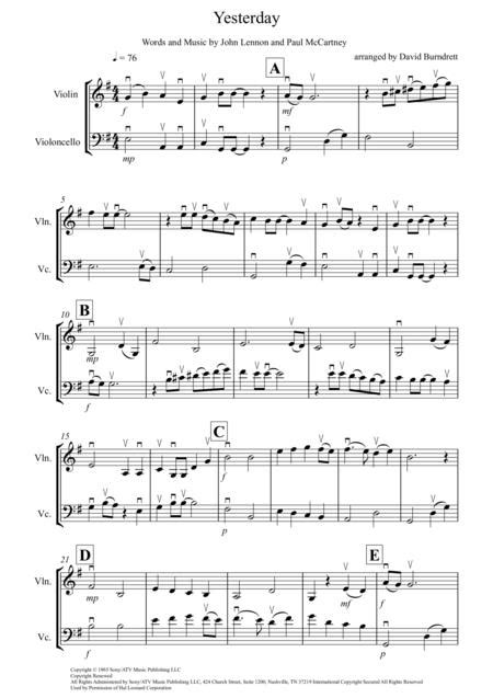 Yesterday For Cello Duet Sheet Music To Download And Print
