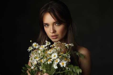 Dmitry Arhar Women Brunette Looking At Viewer Makeup Flowers Simple