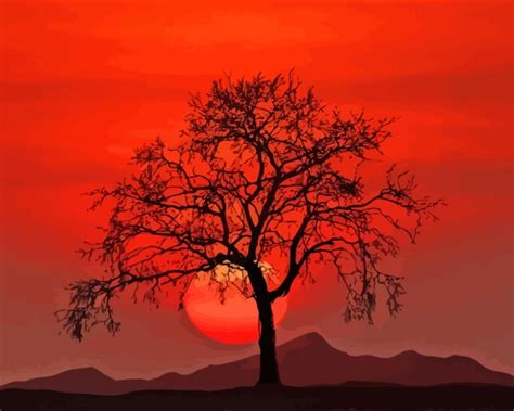 Landscape Red Sunset Tree Silhouette Diamond Painting